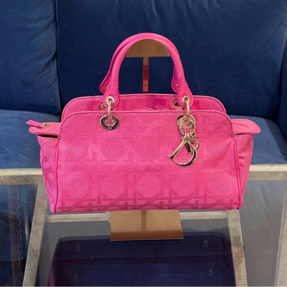 Auth LADY DIOR East West tote bag fushia Pink cannage silk jacquard Handbag RARE
